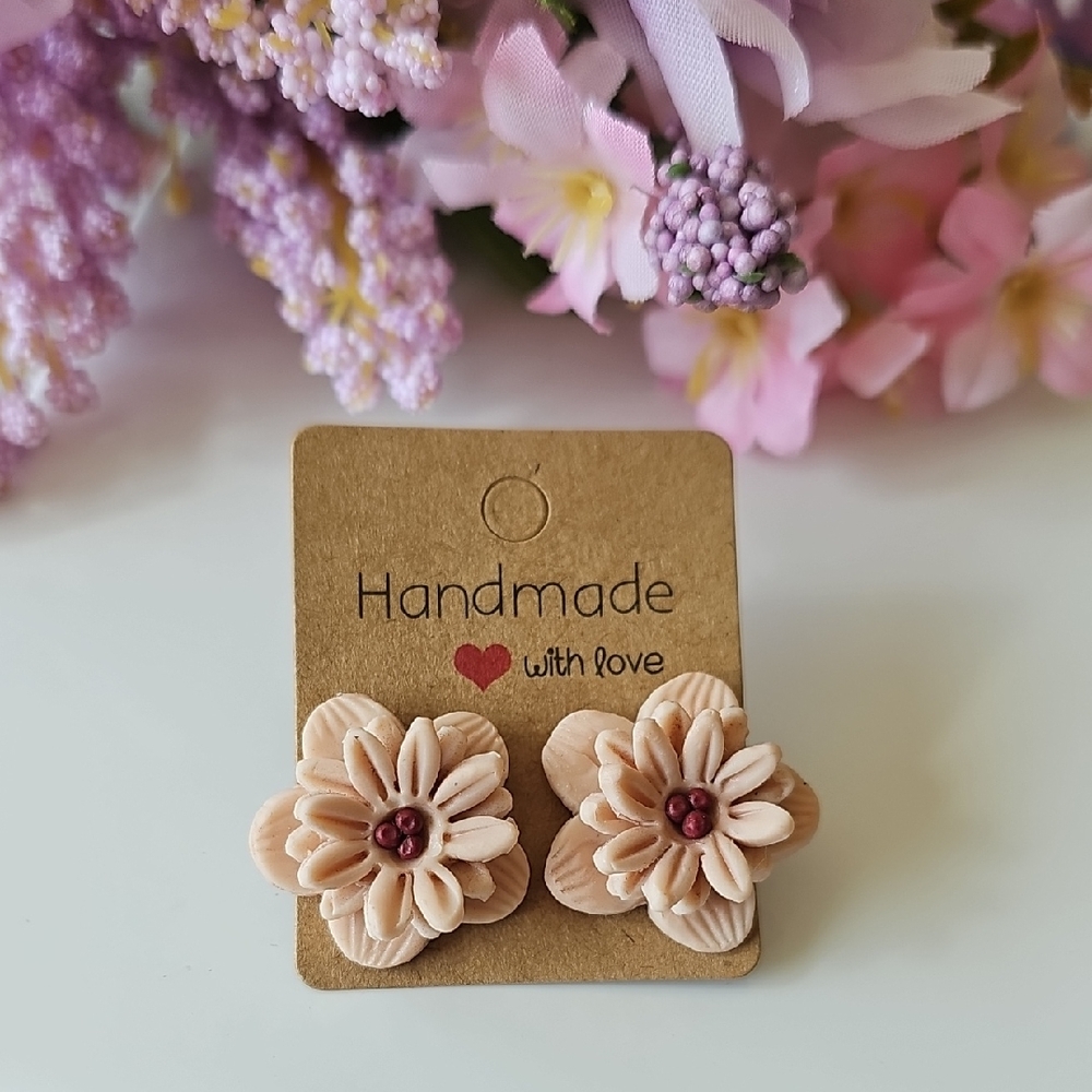 Handmade Floral Kids Earrings - Cream and Pink